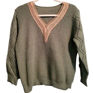 Cute Doily Trim Sage Knit Sweater